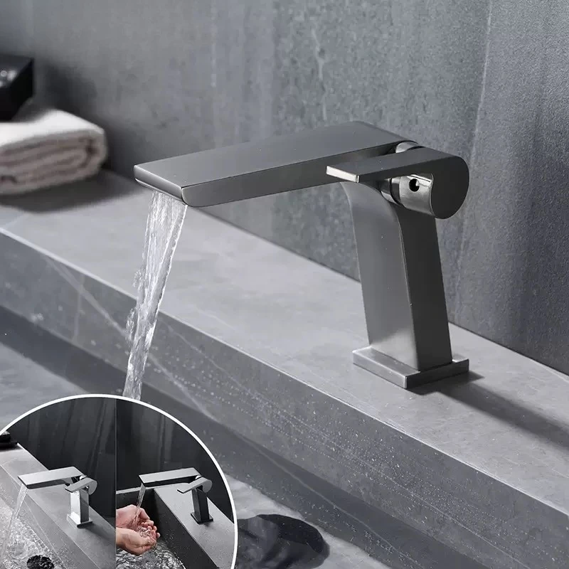 

Серый смеситель для раковины Gun, латунный смеситель для раковины в ванной комнате, водопад, смеситель для горячей и холодной воды, кран с одной ручкой, хромированный черный смеситель