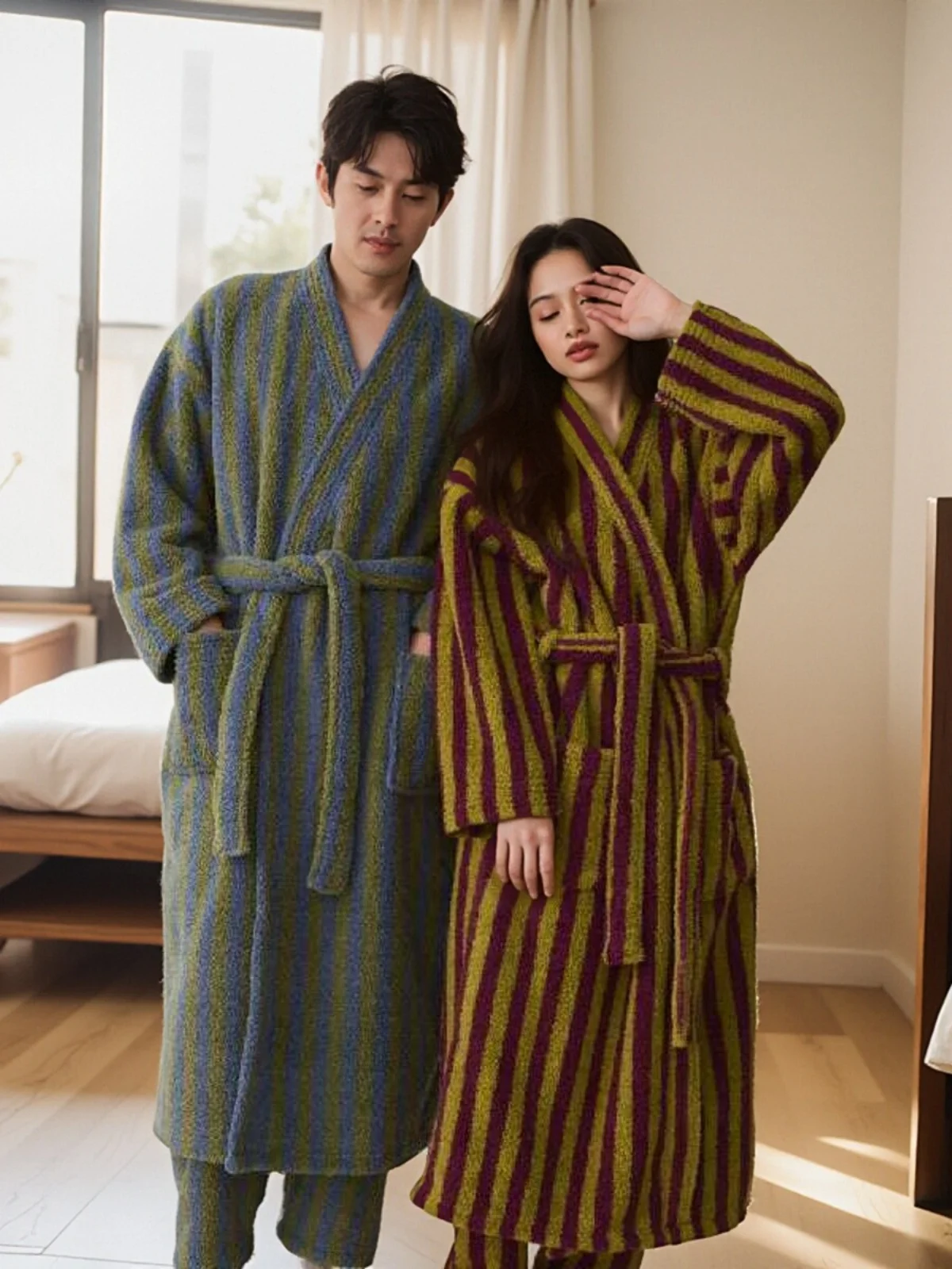 Warm Fleece Autumn and Winter New Couple Pajamas Half Velvet Lengthened Thick Nightgown Coral Velvet Set Morning Bathrobe Hom...