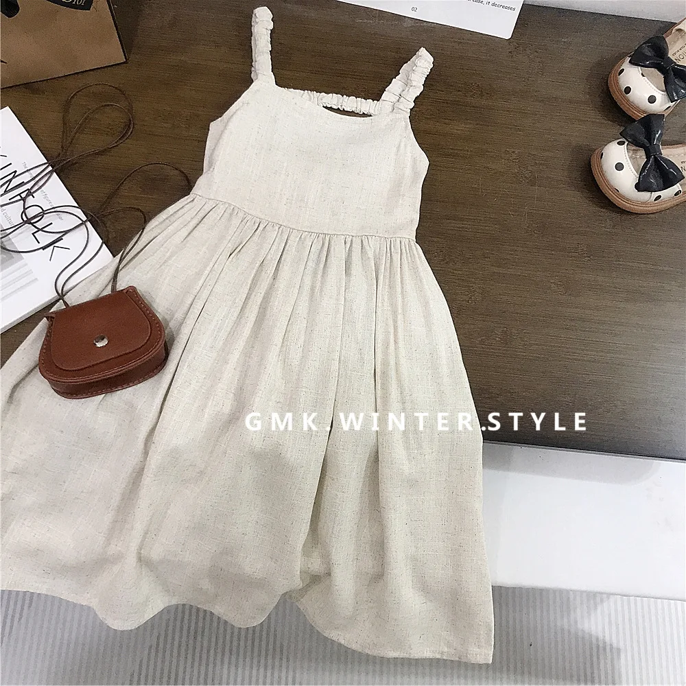 Korean Girls Sleeveless Dress Linen Halter Breathable Candy Color 2026 Summer Sweat-absorbent Girl's Vest Dresses