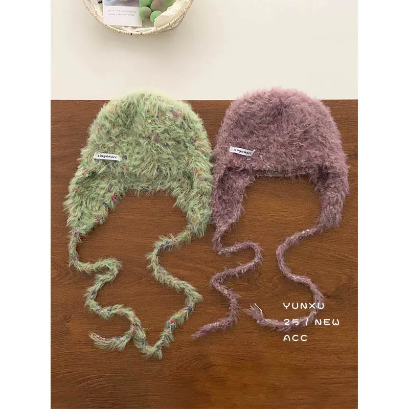 Hand-woven Mixed-color Wool Bomber Hat Women's Autumn and Winter Plush Straps Warm Versatile Ear Protectors Fluffy Knitted Hat