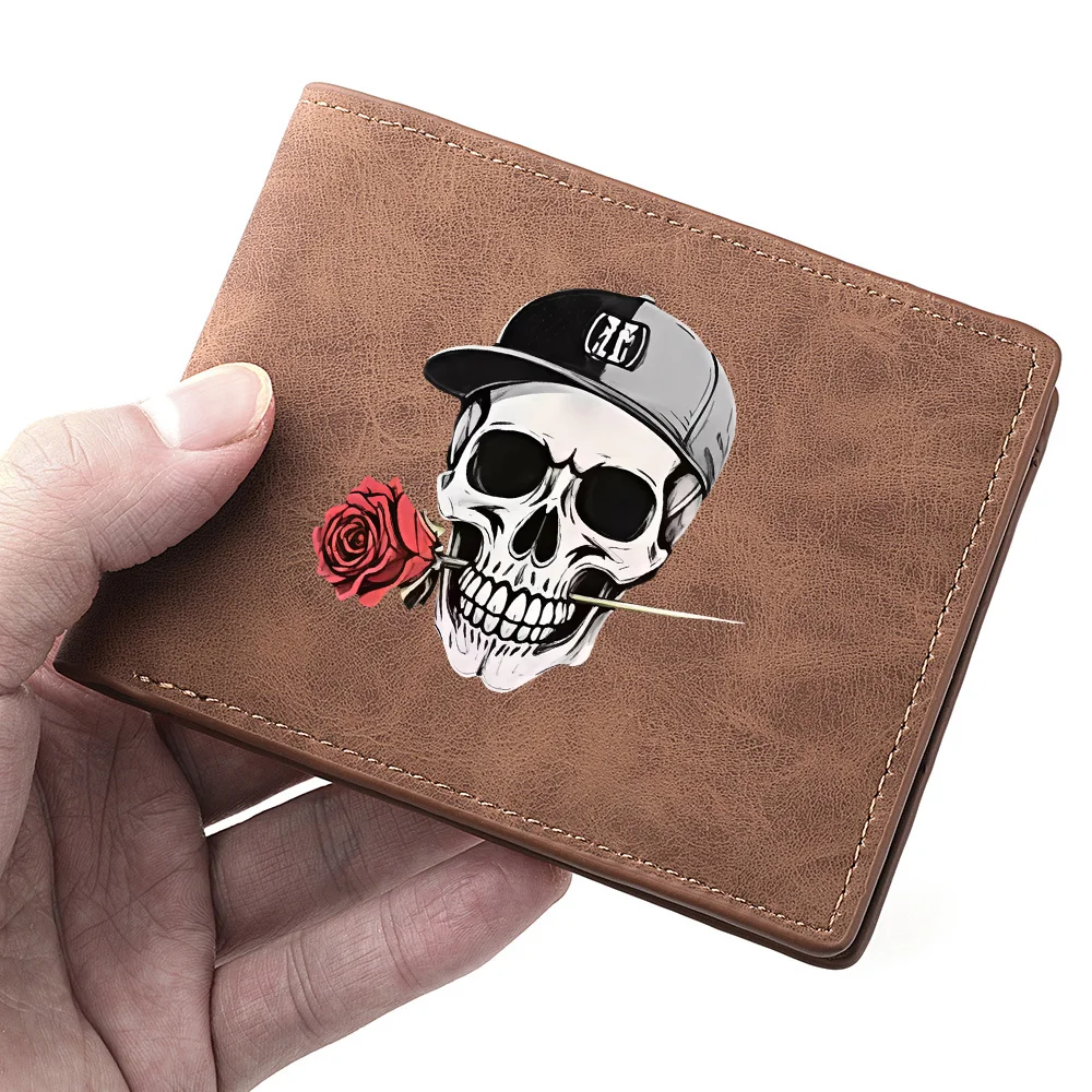 Punk Skull Cap with Red Rose Print Thin Credit Card Holder for Double-Fold Wallet - Men's Gift