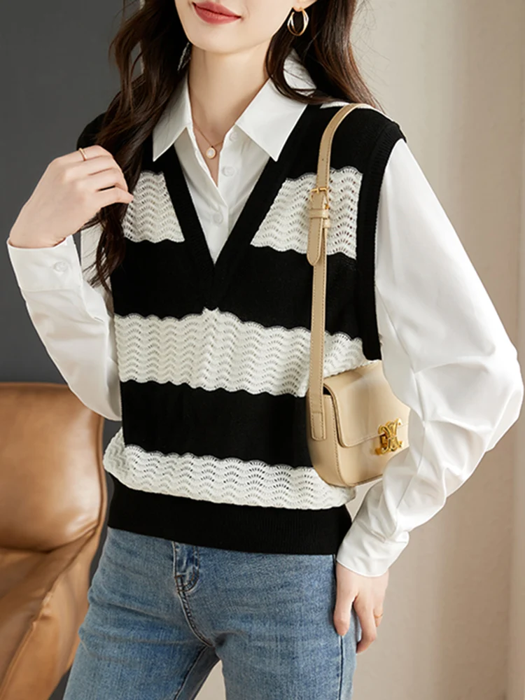 

Модный полосатый вязаный топ для женщин, осенняя одежда, длинный базовый слой, верхняя одежда прямого кроя в корейском стиле