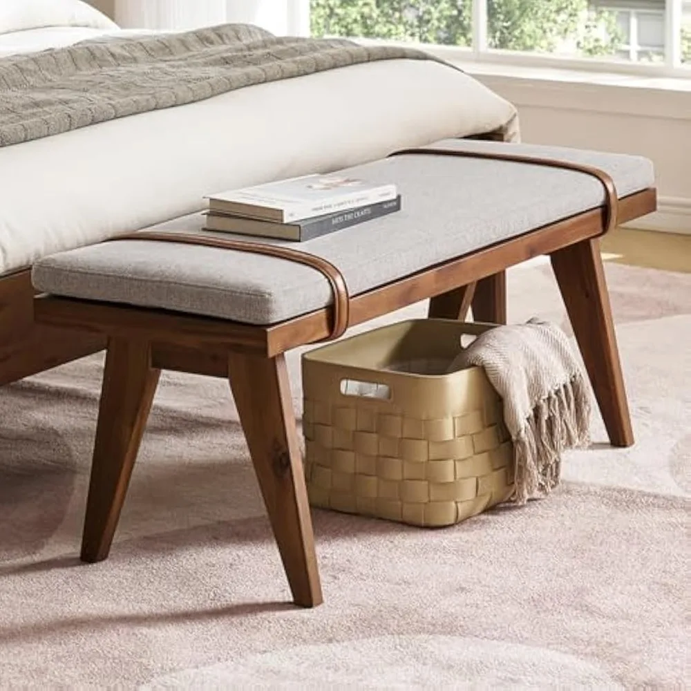 Ted Mid-Century Modern End of Bed Wood Bench, Entryway Shoe Bench with Removable Fabric Cushion for Bedroom, Indoor Dining