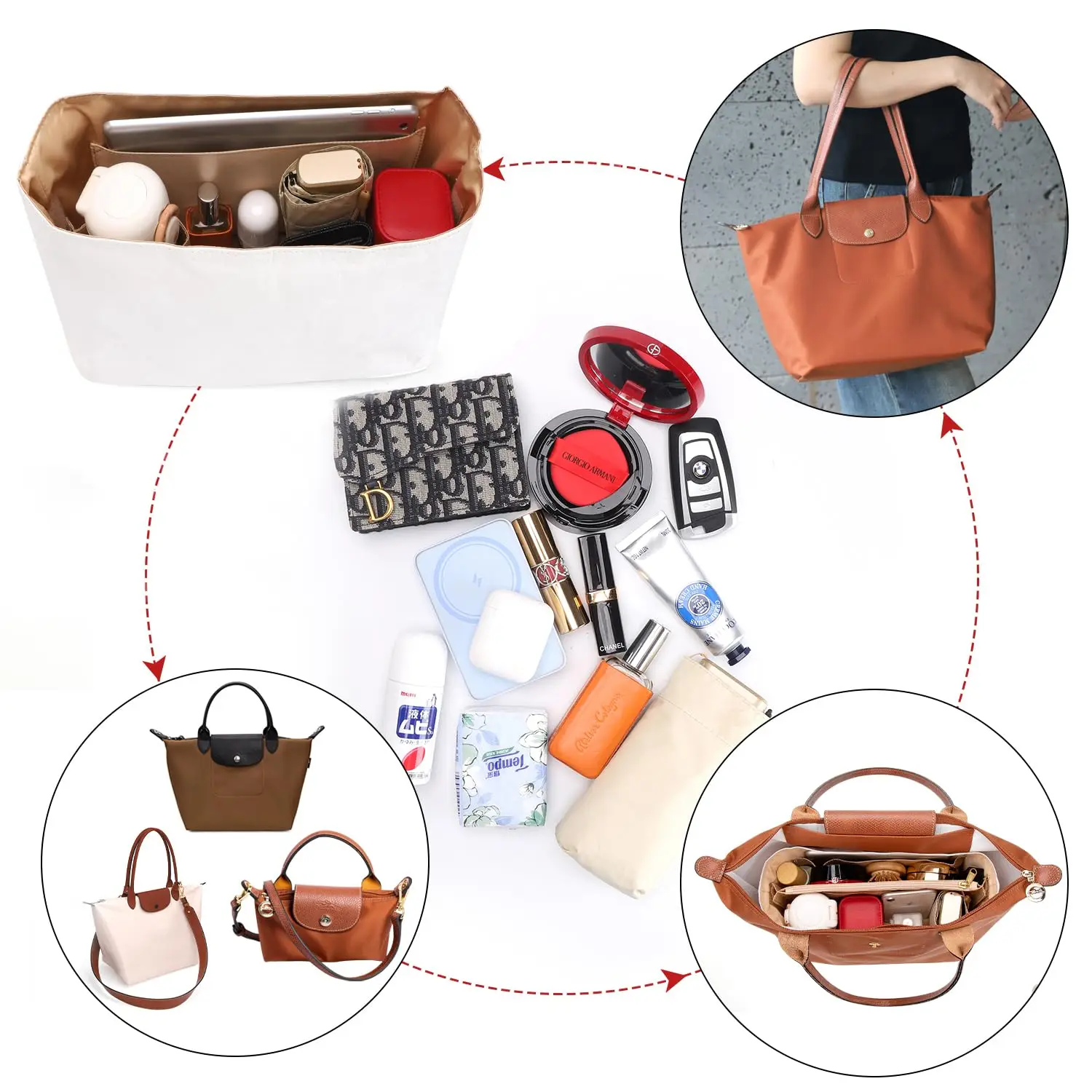 YUHAN Bag Organizer For Longchamp Medium Large Bag Purse Insert Dupont Paper Storage Bag White Color With Pocket