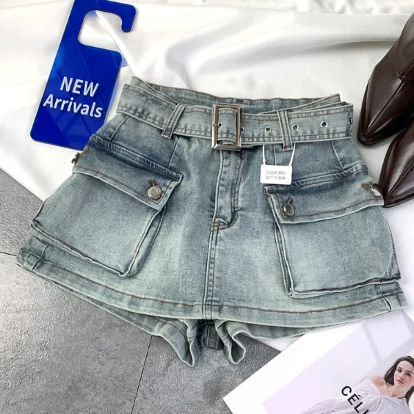 High-Waisted Slimming Elastic Skirt American Style Denim Short Skort Spring 2024 New Arrival Belt Large Pocket Work Wear