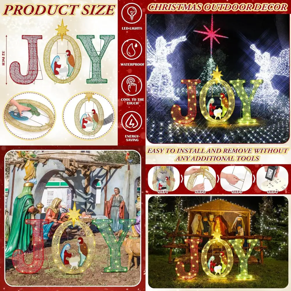 

Large 35 Inch Lighted Joy Christmas Yard Sign with Nativity Scene for Outdoor and Indoor Holiday Decorations