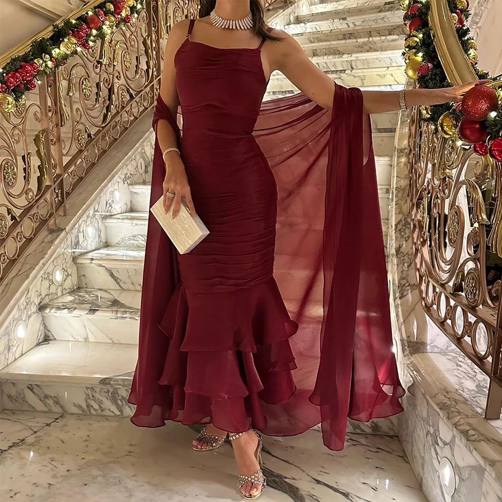

Burgundy Organza Mermaid Evening Dress Strapless Sleeveless Fashion Chiffon Shawl Party Gowns Customized Homecoming Dresses