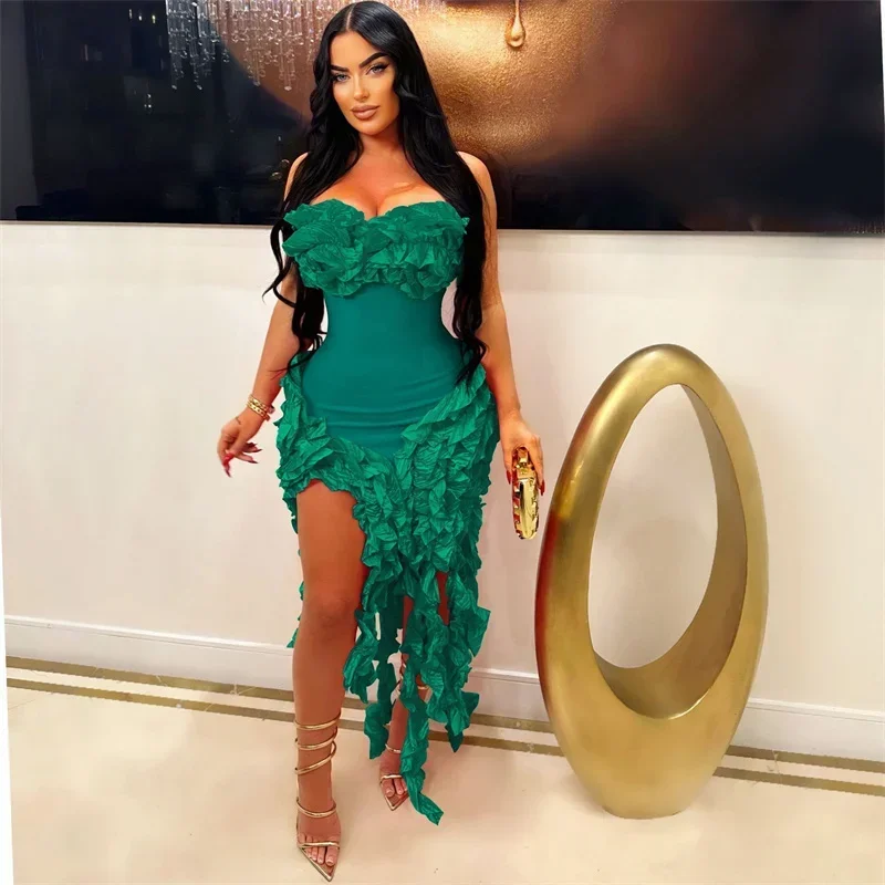Elegant Ruffles Tassel Birthday Dress for Women Club Night Party Celebrity Irregular Strapless Sleeveless Evening Long Dresses