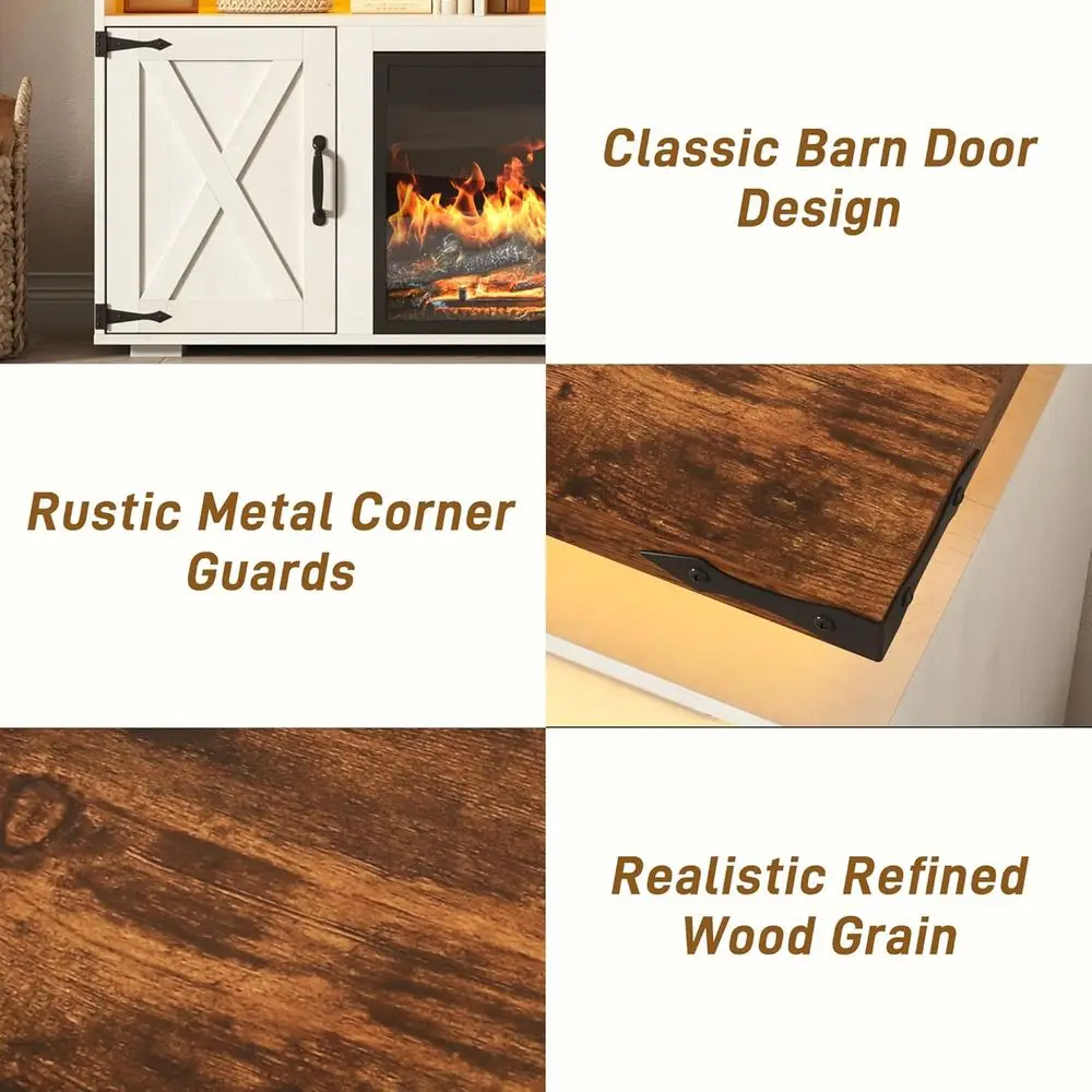 Rustykalny stojak pod telewizor 32 cali z elektrycznym kominkiem, oświetleniem LED i przesuwanymi drzwiami stodoły, na telewizory 75/80 cali