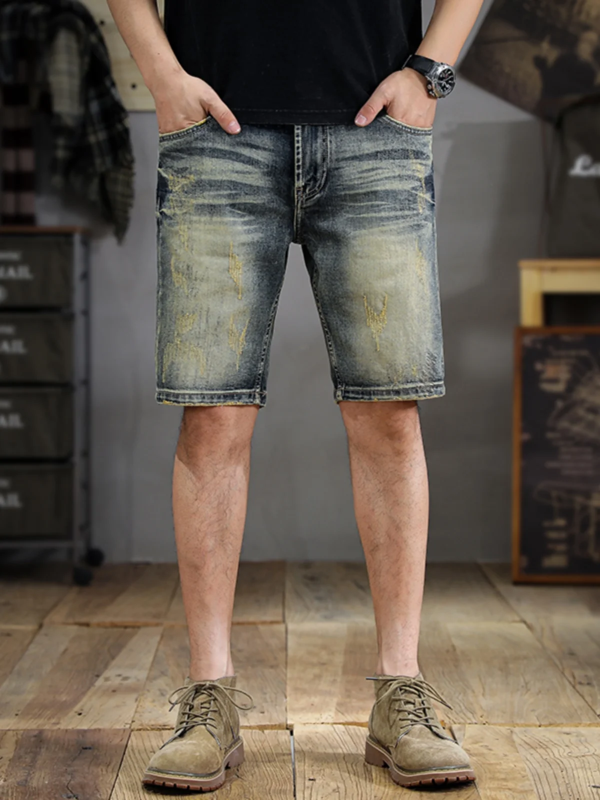 

High-End Retro Men's Denim Shorts Straight Leg Casual Worn-look Five-Quarter Trendy Cotton Stretch Jeans mid Waist Zipper