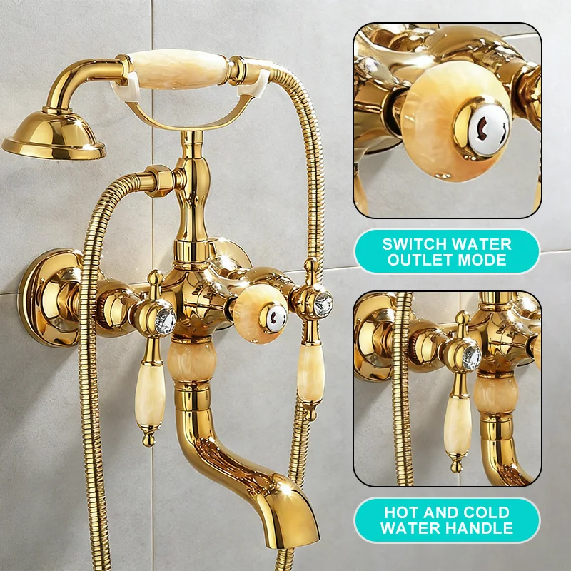 Wall Mounted Gold Bath Shower Faucet Bathtub Faucet With Hand Shower Jade Handle Dual Handle Hot and Cold Water Mixer ML3321
