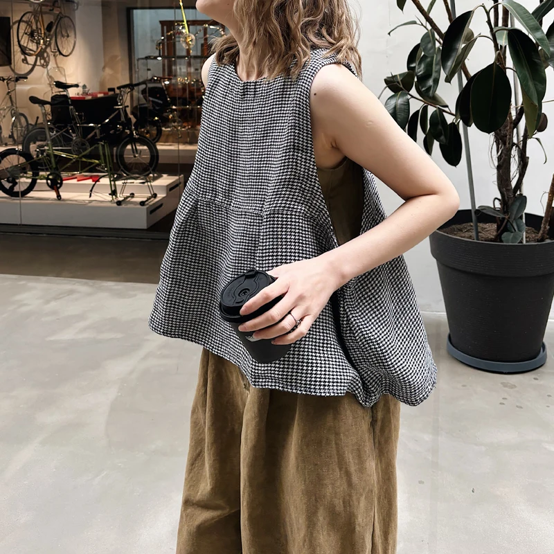 Retro Artistic Large Size Slimming Plaid Sleeveless Vest 100% Linen Fabric No Sleeve round Neck Casual Comfortable Women's Top