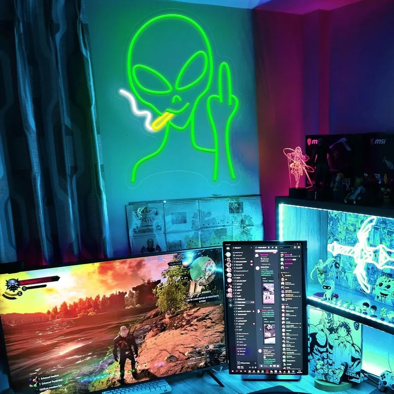 Dimmable LED Neon Signs for Wall Decor Bedroom Game Room Party Decor, LED Alien Neon Light for Kids Birthday Gift (Green Alien)