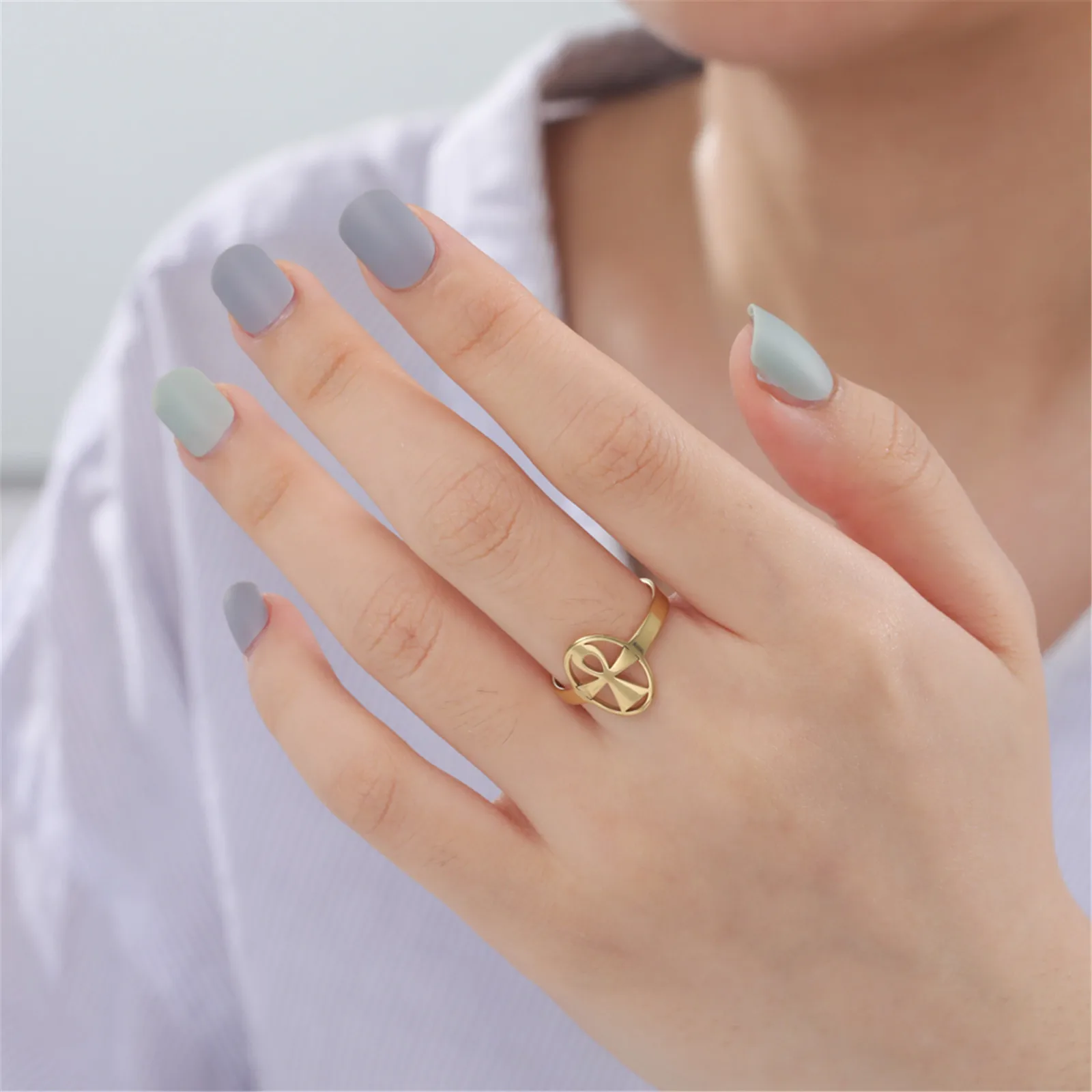 Skyrim Ägypten Ankh Kreuzring Edelstahl Goldfarbe Verstellbare offene Fingerringe 2026 Ägyptischer Schmuck Geschenk für Frauen Männer – Detail 22