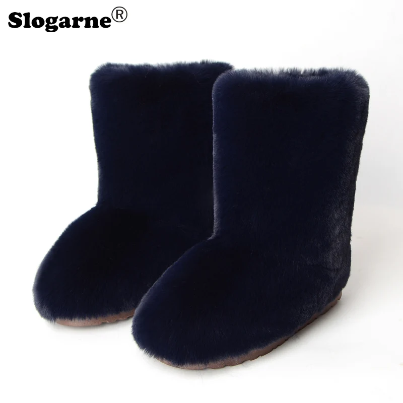 Women New Snow Boots Outdoor Fashion Faux Rabbit Fur Boots Female Fluffy Luxury Furry Bottes Warm Mid-Calf Plush Winter Shoes