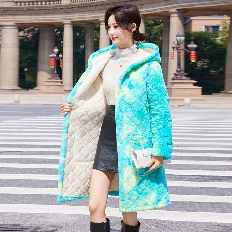 

Women Dazzling Colors Thick Cotton Cotton Coat Homewear with Velvet Hooded Cotton Overcoat Fashion Windproof Warm Outerwear New