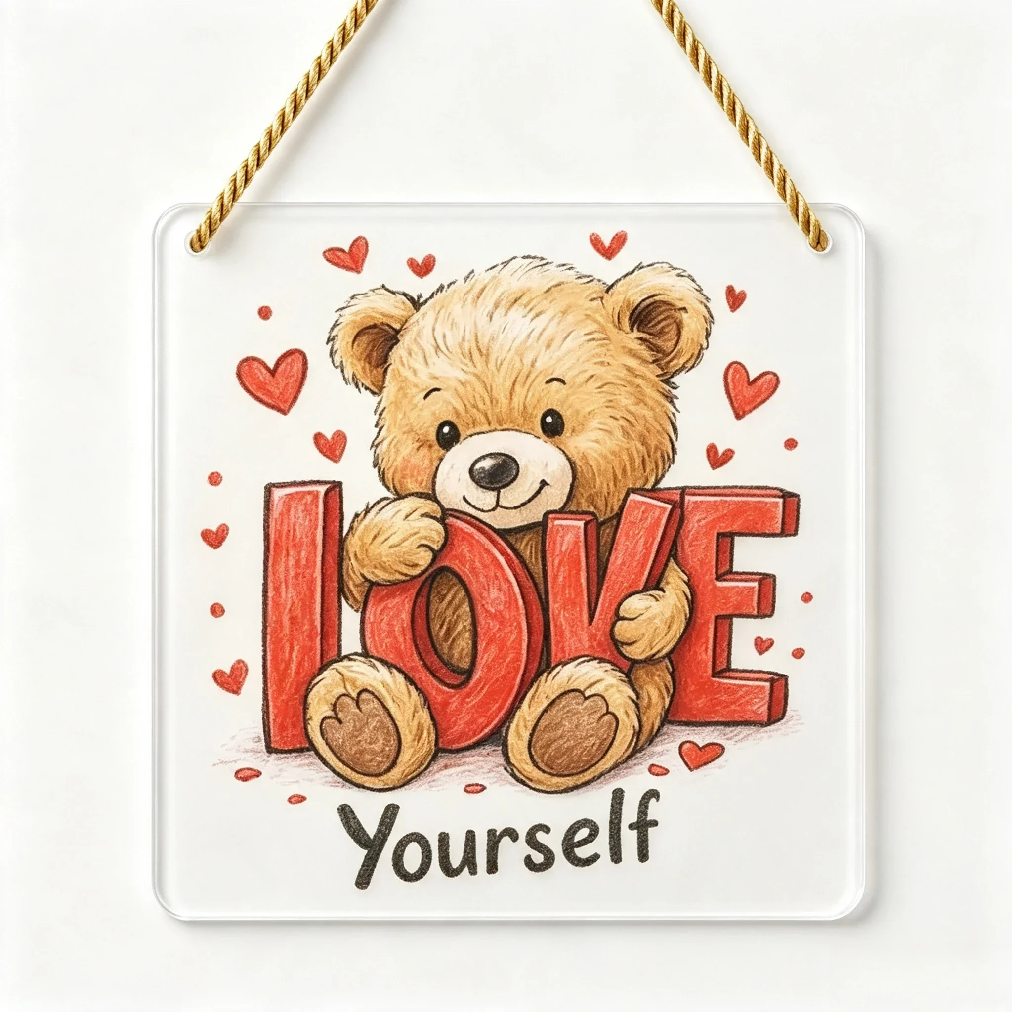 Love Yourself Teddy Bear Acrylic Hanging Sign Heart Wall Decor,Cute Brown Bear Hold LOVE Letters Acrylic Hanging Plaque Home Decor
