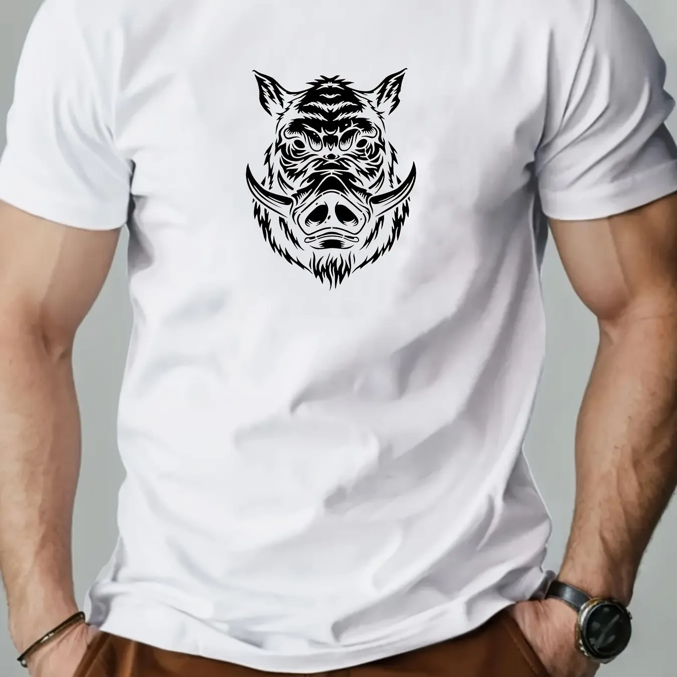 Men's Light Blue Casual Short Sleeve T-Shirt with Wild Boar Graphic Print Summer Round Neck Tee Regular Fit for Casual Attire