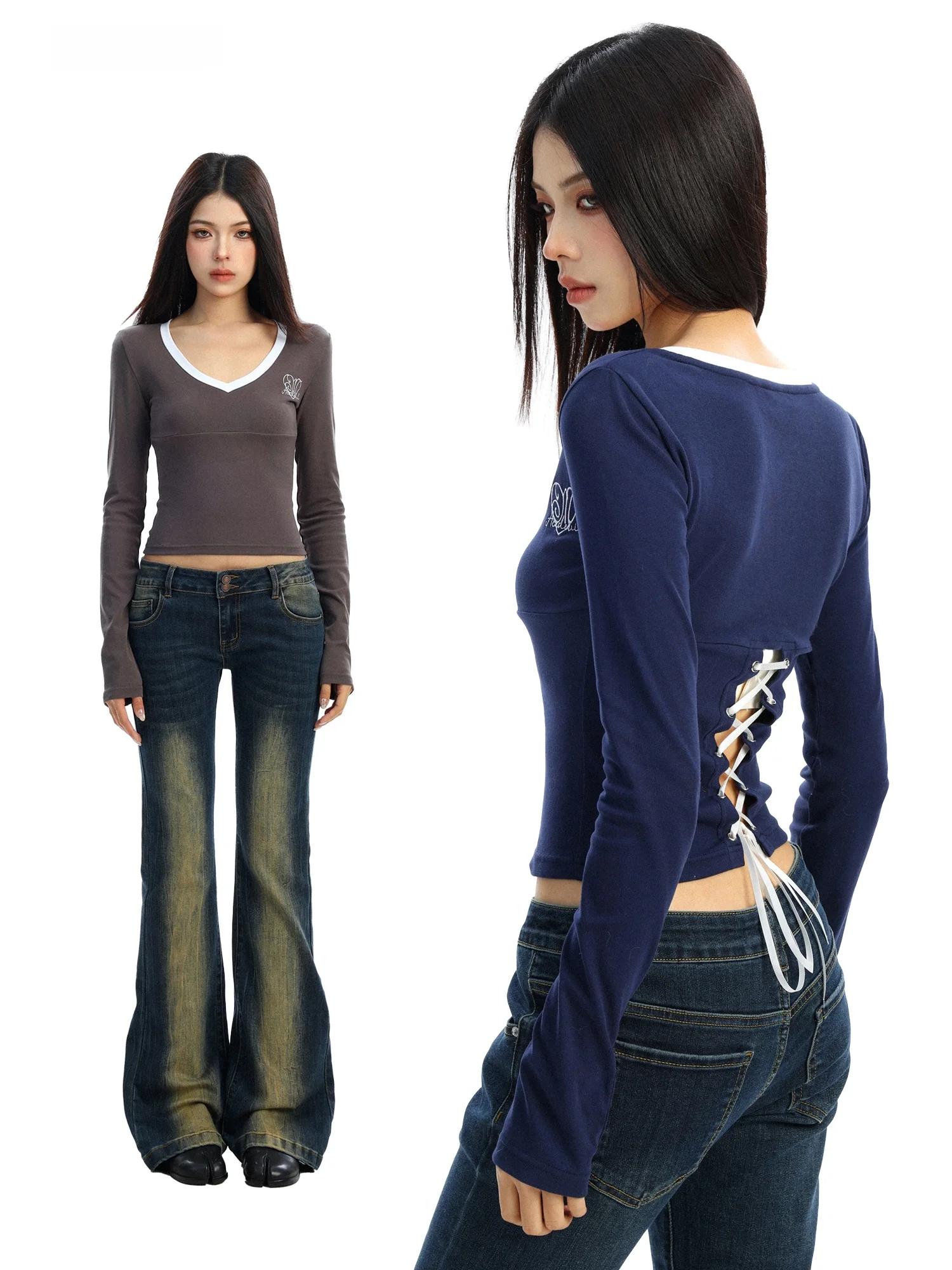 

Женская футболка Biggold с вышивкой, V-образным вырезом, длинными рукавами и эффектом утяжки на талии, базовая модель для осени