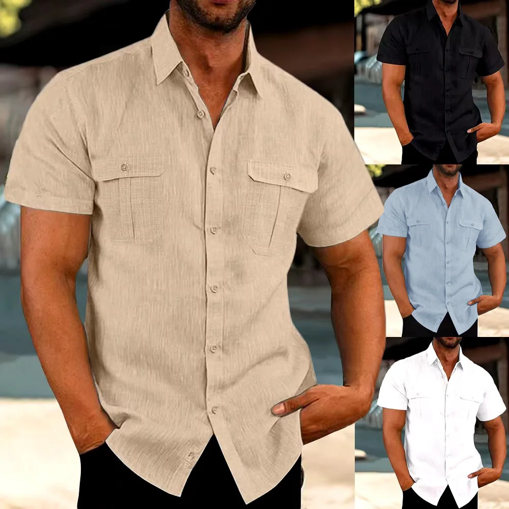 Men's Double Pocket Cotton Linen Shirt Short Sleeve Casual Solid Color Shirts for Men Breathable Holiday Beach Trendy Shirt