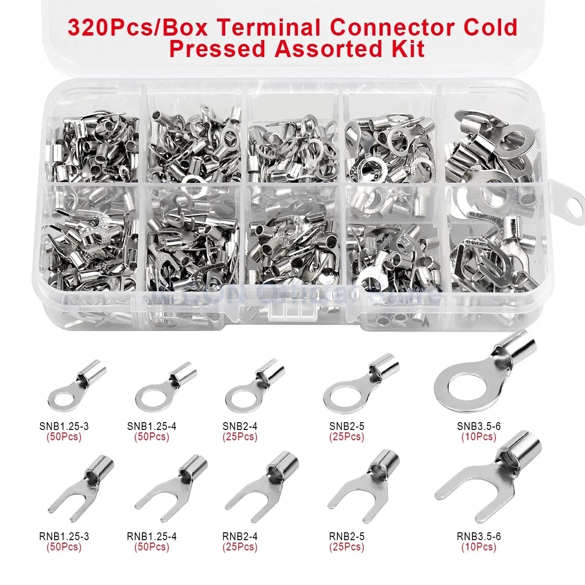 320Pcs/Box 10 In 1 Terminals Non-Insulated Ring Fork U-type Brass Terminals Assortment Kit Cable Wire Connector Crimp Spade