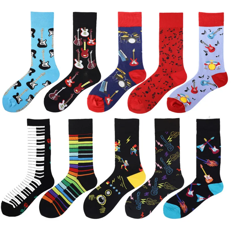 

1pair Fashion Casual Men Socks Harajuku Guitar Music Wire Colorful Skateboard Personality Hip Hop Print Funny Street Socks