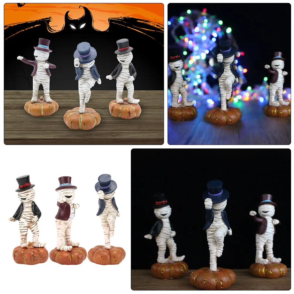 

3pcs Resin Mummy Small Dancing Statue Cute Desktop Ornament For Halloween Home Decoration Sand Table Accessory Lightweight Mini