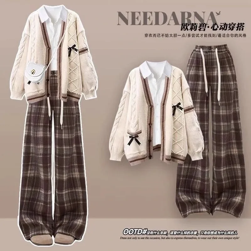 Herbst- und Winteranzug, schicker Strickpullover im Akademie-Stil, Hemd, weites Bein, Hose, dreiteiliger Anzug für Damen