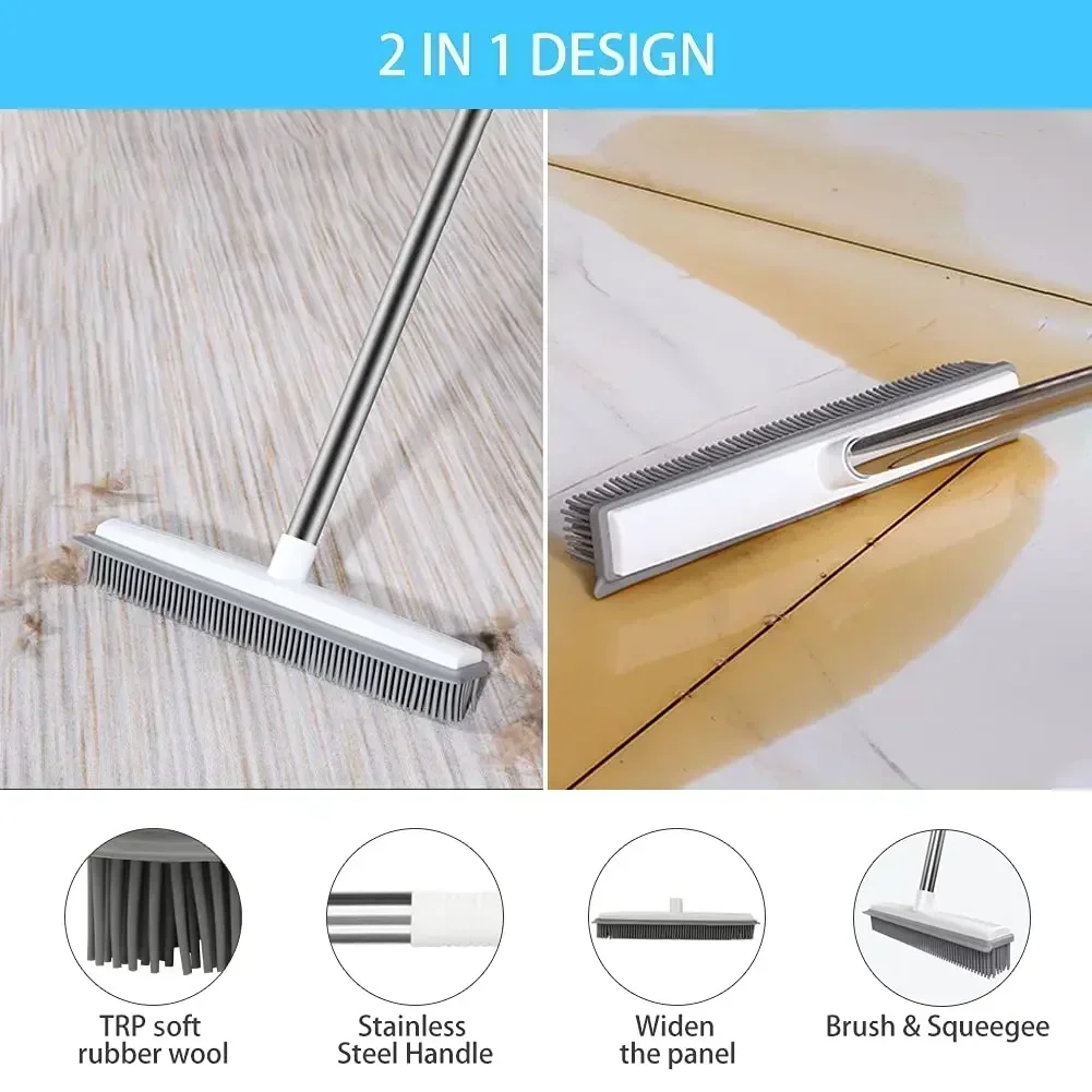 مكنسة مطاطية بمقبض طويل لمكنسة مزيل فرو شعر الحيوانات الأليفة بدون خدش فرشاة أرضية لأدوات تنظيف أرضية السجاد الزغب