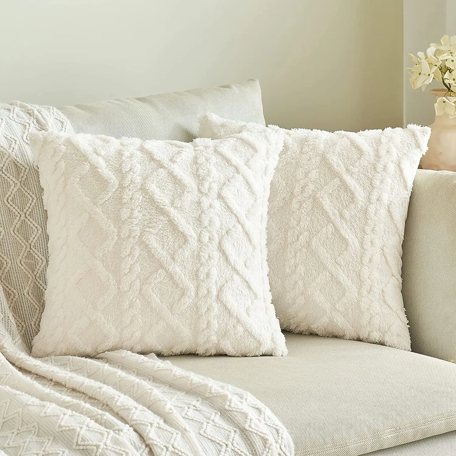 

White Plush Cushion Cover Geometric Pillow Cover for Living Room Sofa 45x45cm Decorative Pillow Home Decor Pillowcase