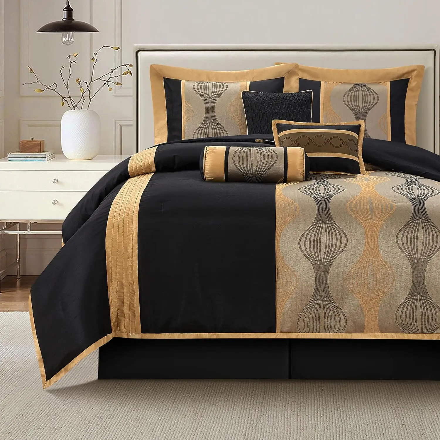 

Комплект постельного белья King Comforter Set, черно-золотой, 7 предметов, ультрамягкий жаккард с однотонным узором, роскошное постельное белье.