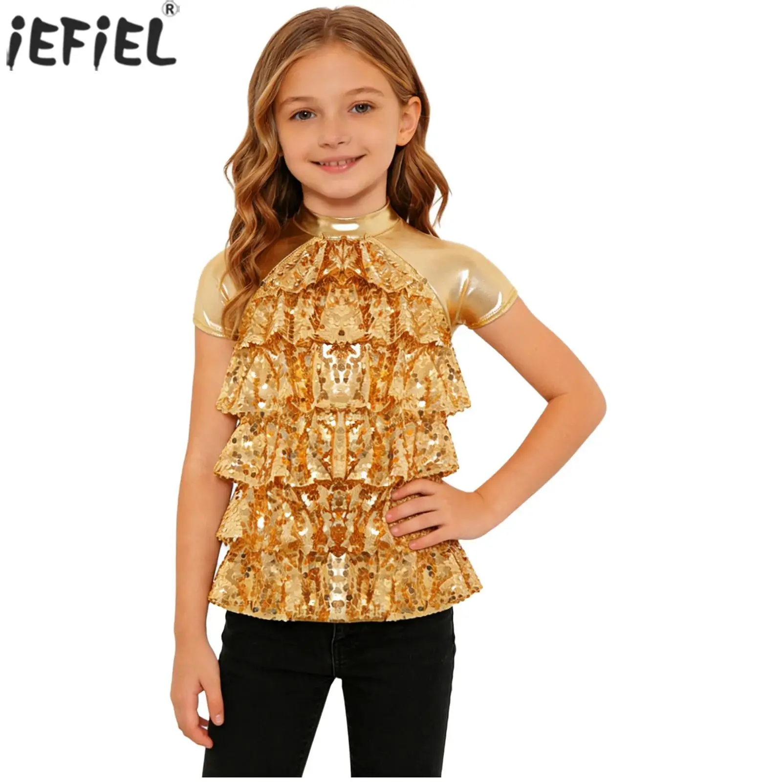Kids Girls Metallic Jazz Dance Top Disco Hip Hop Costume Short Sleeve Shiny Sequins Mesh Tiered T-Shirts for Stage Performance