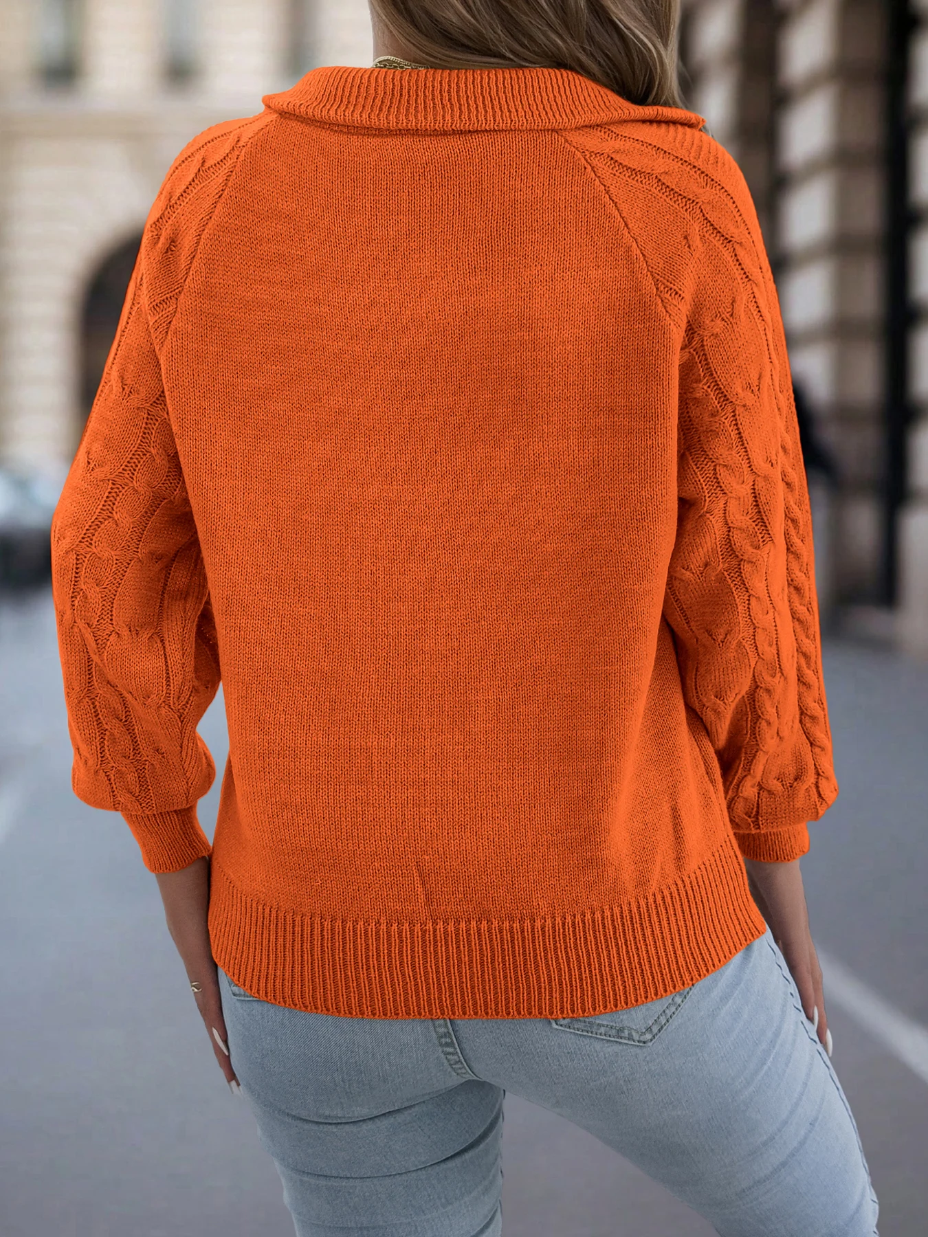 Women's Casual Turn Down Collar Half Zipper Sweaters 2026 Autumn Winter Lantern Long Sleeve Twist Knitted Tops Orange Khaki Red
