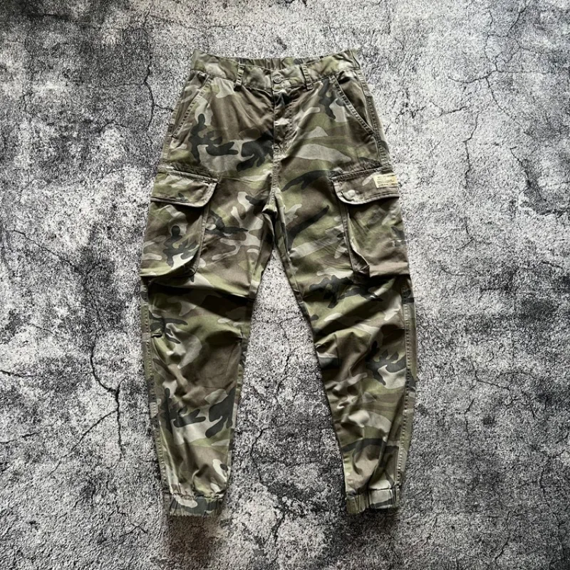 Pantalones elásticos de camuflaje para hombre y mujer, ropa de trabajo con múltiples bolsillos, Estilo Vintage americano, informal, Cargo, atado al tobillo, primavera 2025