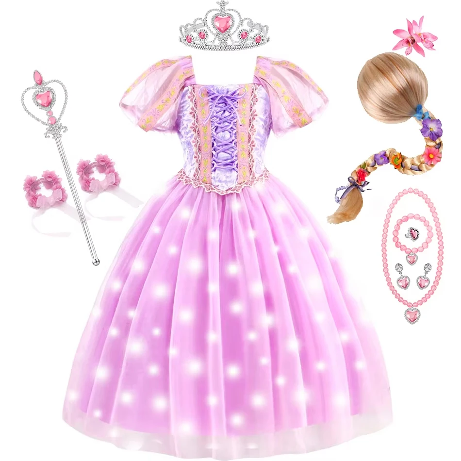 Rapunzel Dress For Girls Luxury Lace Embroidery Princess Costume Children Birthday Surprise Kids LED Tulle Frocks Floor Length