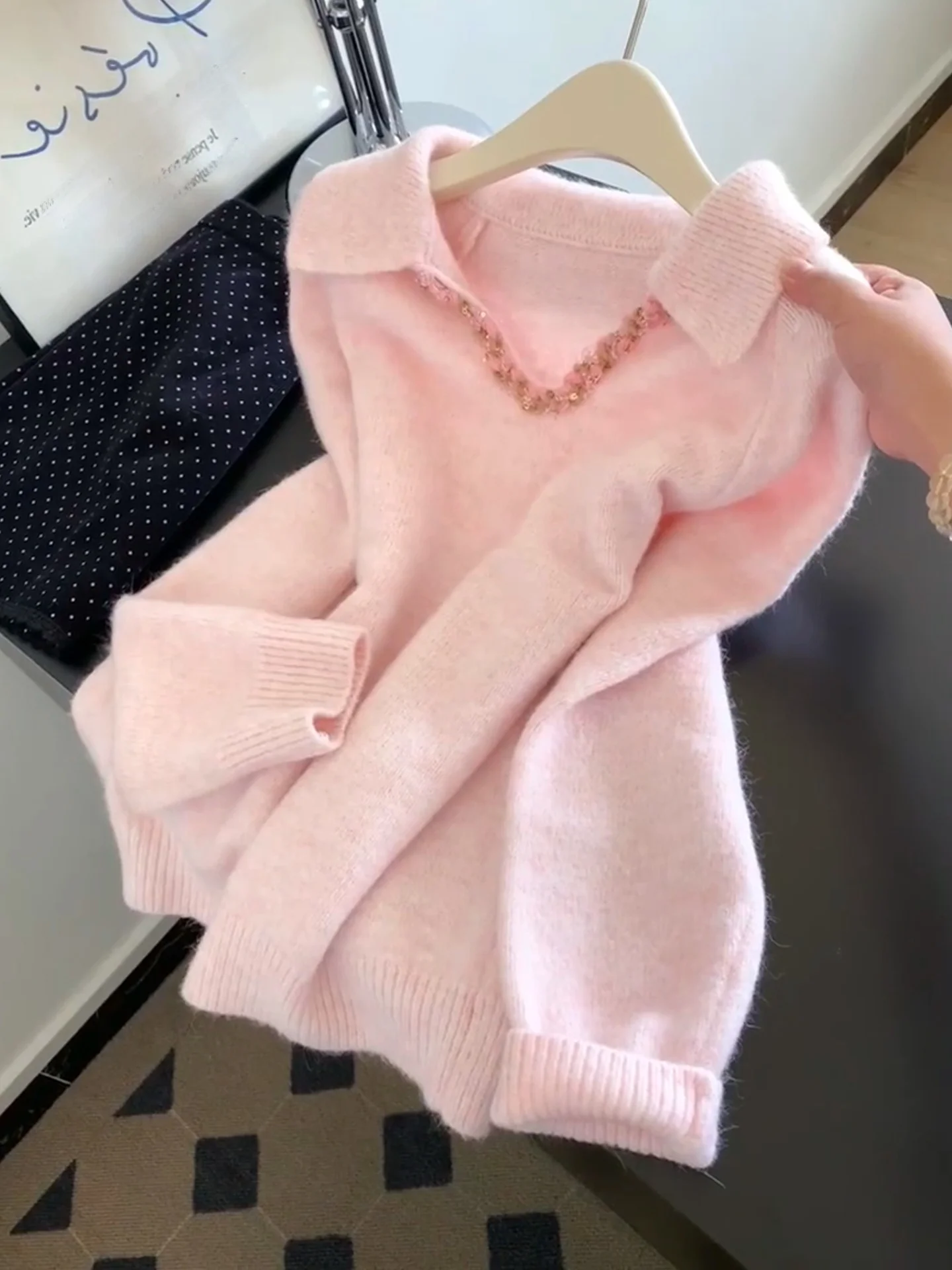 

Faionable Sequin Long Sve Camere Sweater Comfortable Cozy Overhead Knitted Winter Top Sweet Youthful Design Korean Sle