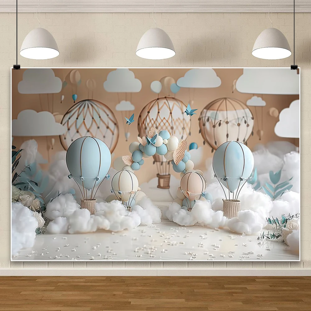 الأزرق منطاد الهواء الساخن عيد ميلاد خلفية طائرة بالون قوس تيدي بير استحمام الطفل التصوير خلفية صور استوديو الدعائم