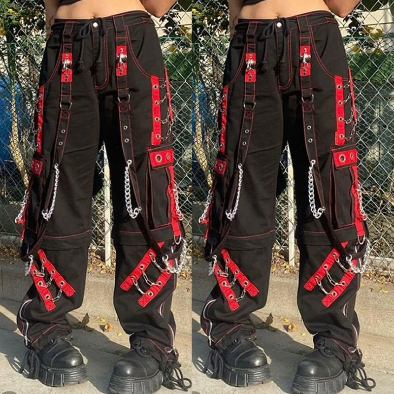 Women Dark Gothic Baggy Cargo Pants Harajuku Punk Colorblock Eyelets Bandage Metal Chain Hip Hop Wide Leg Trousers