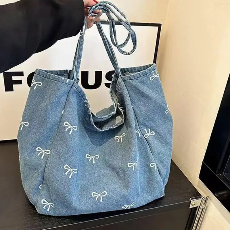 Ladies Bow Decor Denim Canvas Tote Bag Large Capacity Single Shoulder Daily Bag for Work Travel Grocery Errands
