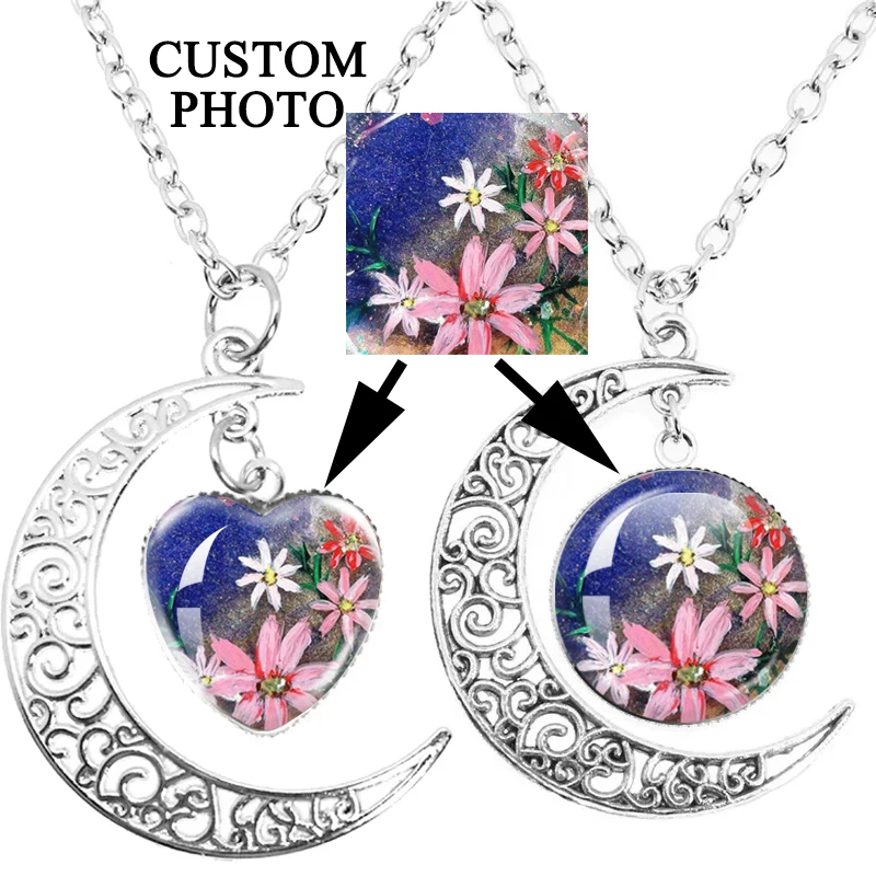 Heart Moon Necklace Pendant Custom Photo Personalized Mother,Father, Family Photo Souvenir For Your Beloved Family Member
