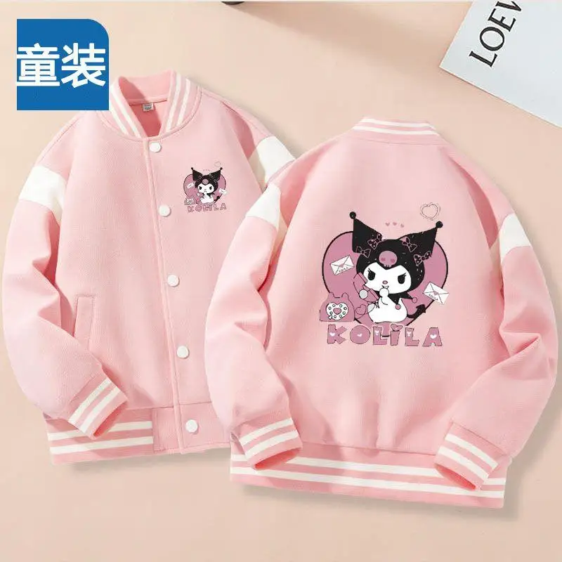 

Sanrio Girls Jacket Jacket Kuromi Fleece Thickened Baseball Suit New Style Fashion Fall and Winter Children Buttons Baseballsuit