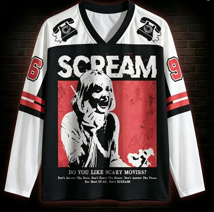 2026 new V-neck long sleeved T-shirt sports fashion 3D printed street gothic horror style unisex breathable top