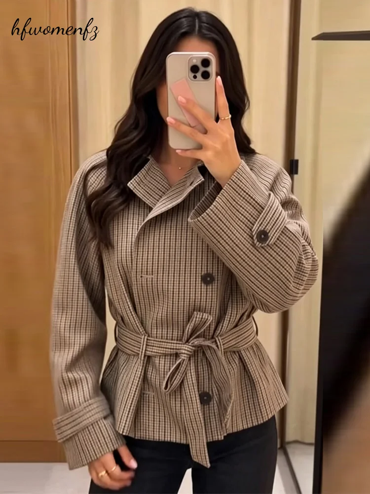 Vintage Women's Plaid Cropped Trench Coat Belt Lapel Double Breasted Long Sleeve Short Jacket 2026 Autumn Lady Street Outwear