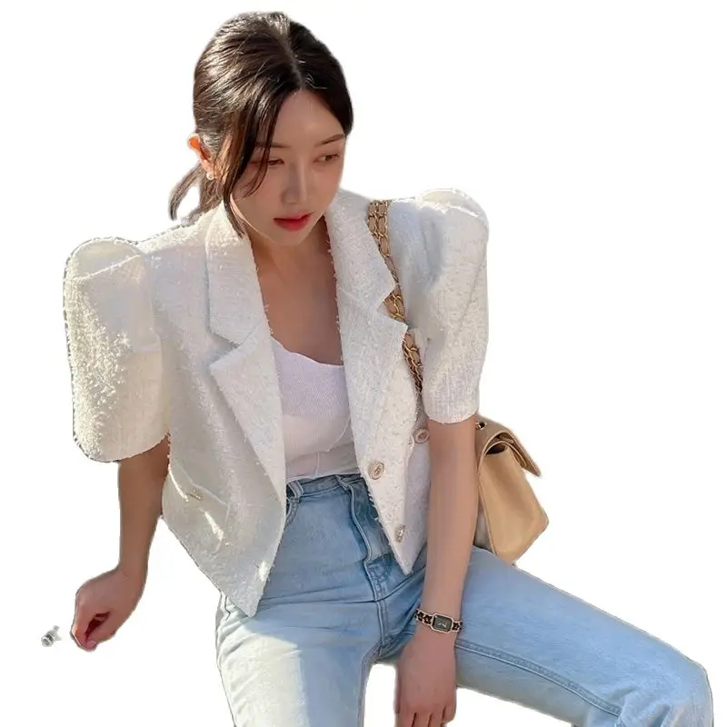 Korea Temperament White Tweed Short Puff Sleeve Jacket Crop Top 2024 High Quality Summer Women Elegant Office OL Outwear Clothes