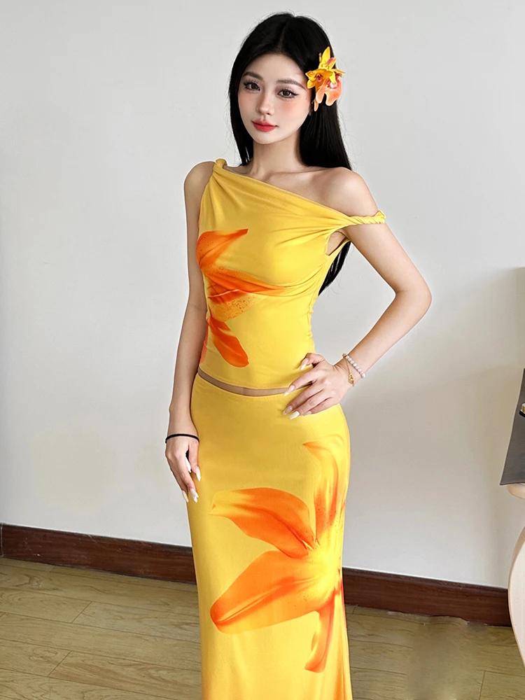 

WEIRD PUSS South Seas Sle, асимметричный топ с объемными плечами и привлекательным принтом, женская облегающая юбка Ele Ensemble