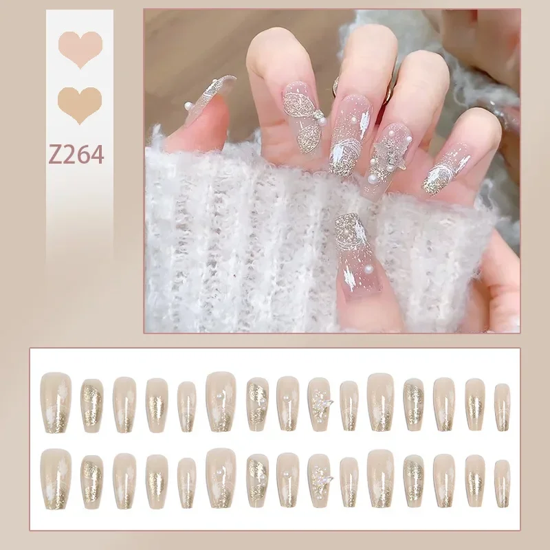 24pcs Medium French Ballet Nails Butterfly Pearl Diamond Design Blush False Nails Press on Nails Full Cover Wearable Nail Tips