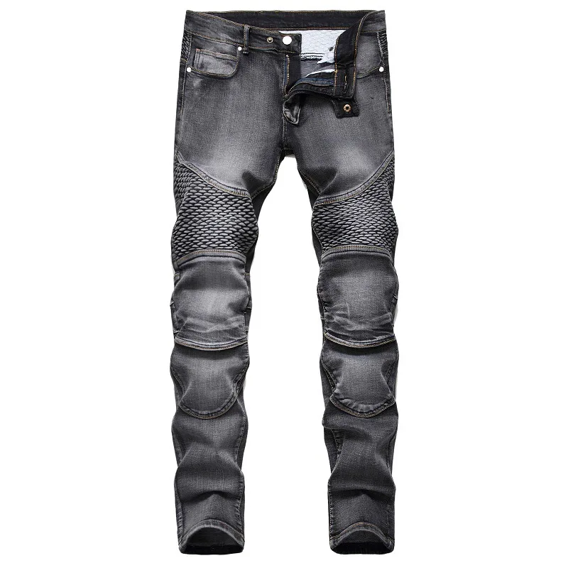 Nowe jeansy w stylu europejskim i amerykańskim na rok 2025, męskie nakolanniki motocyklowe Amazon, jeansy motocyklowe w stylu retro, modne męskie jeansy slim-fit.