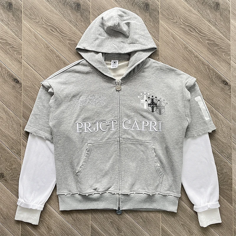 2025 Project Capri Hoodie Casual Letter Embroidery Print Fake Two-piece Set Zipper Cardigan Jacket Hooded Sweatshirt