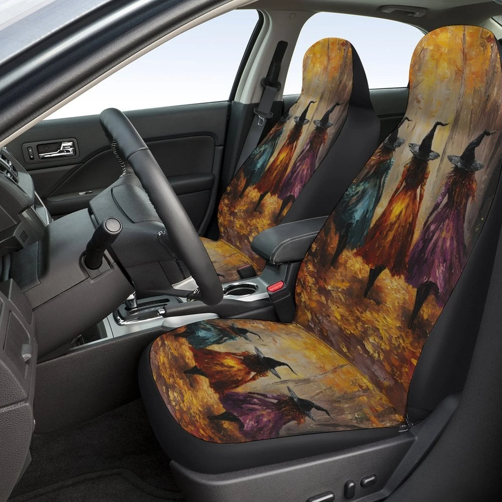 2pcs Of Breathable And Non-Slip Car Front Covers With A Witch Silhouette Design. For Halloween