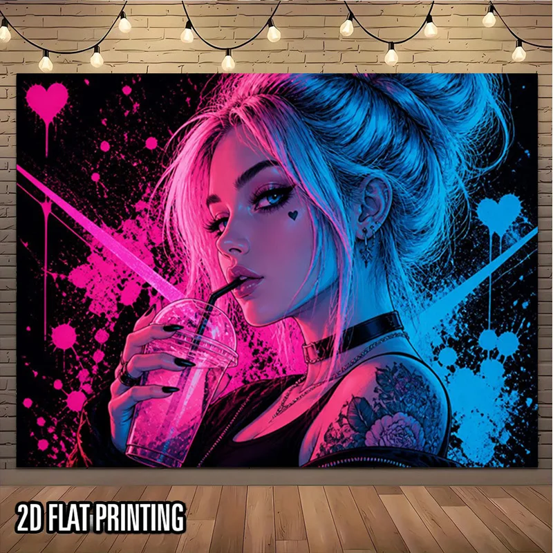 Neon Cyberpunk Girl Tapestry, Pink Blue Vaporwave Art, Tattooed Woman Wall Hanging, Edgy Gamer Room Decor, Aesthetic Dorm